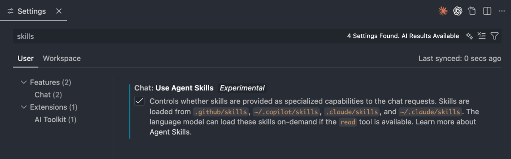 Settings interface showing options for using Agent Skills, including descriptions of features and functionality.