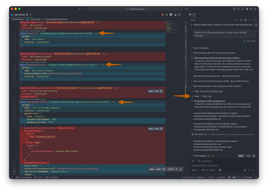 Screenshot of a code editor displaying a Bicep template for Azure resources, including managed DevOps pools and a Dev Center project module, with various Azure deployment parameters and documentation links on the side.