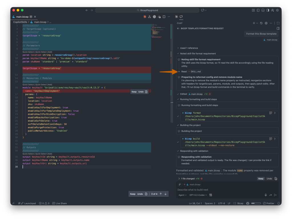 Screenshot of a code editor displaying a Bicep template for Azure resource management, featuring code snippets, parameters, and module definitions.