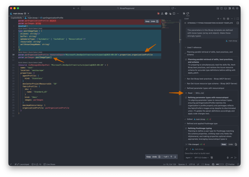 Code snippet in a development environment showing parameters for a Bicep template, including definitions for organization profile and image types.